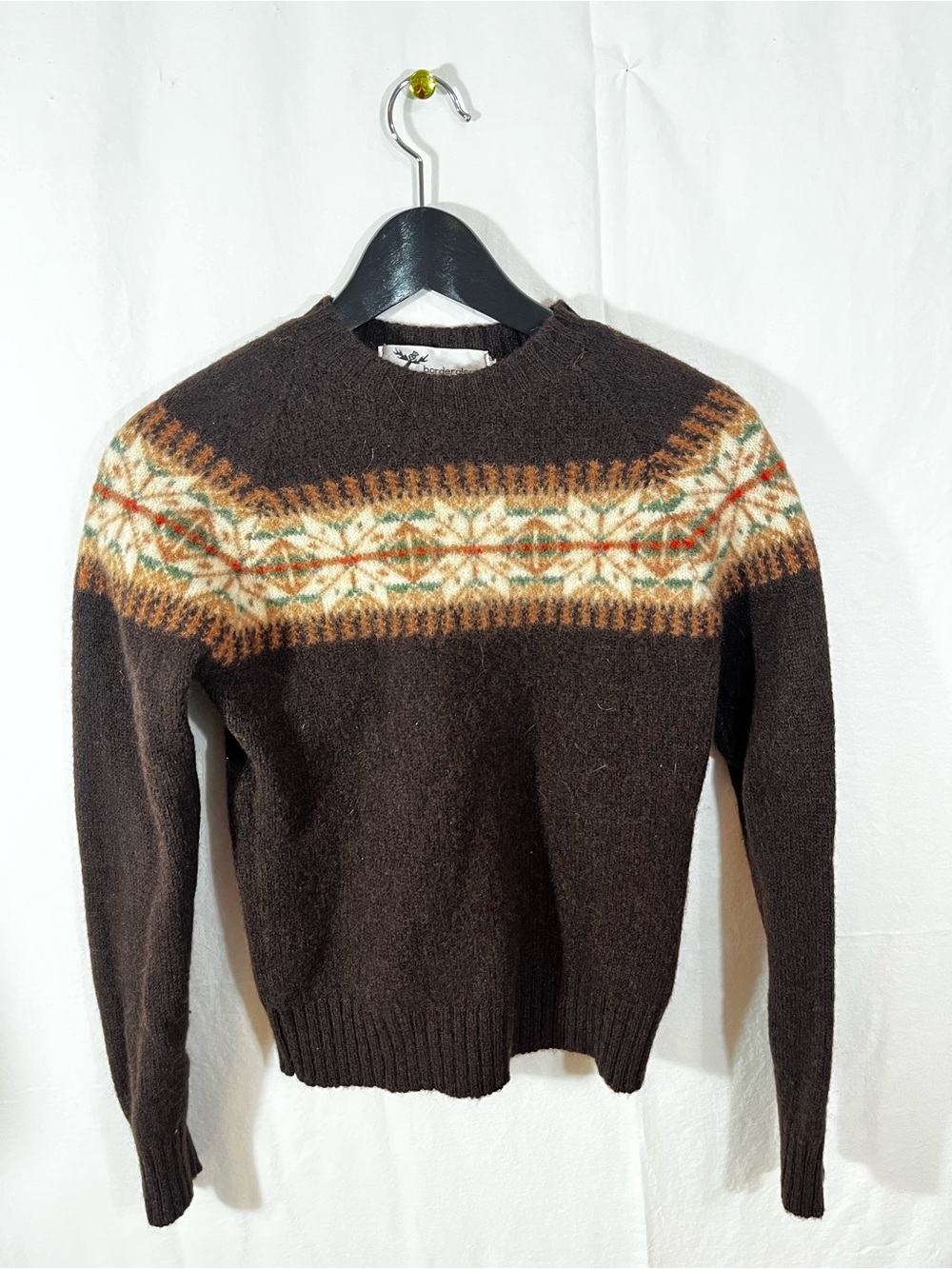 Women’s XS borderglen Dark Brown Fair Isle 100% Shetland Wool Sweater scotland